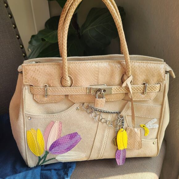 Vntg Tosca Blu Designer Purse Bag Italy Leather Floral Snake Skin Tulip Beaded - Picture 13 of 14